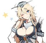  arm_up asakawa_(outeq) bad_anatomy blonde_hair blue_eyes blush breasts cleavage commentary elbow_gloves fingerless_gloves gloves hair_between_eyes headgear iowa_(kantai_collection) kantai_collection large_breasts long_hair looking_at_viewer one_eye_closed smile solo star star-shaped_pupils sunglasses symbol-shaped_pupils upper_body 