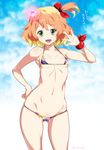  :d arm_up armpits artist_name asymmetrical_hair bare_legs bare_shoulders bikini blonde_hair blush bow bracelet breasts collarbone cowboy_shot freyja_wion glowing gradient gradient_background green_eyes groin hair_bow hand_on_hip heart highres jewelry looking_at_viewer macross macross_delta micro_bikini midriff mudou_eichi multicolored multicolored_bikini multicolored_clothes multicolored_hair navel one_side_up open_mouth orange_hair red_bow short_hair simple_background small_breasts smile solo standing stomach streaked_hair swimsuit tareme thighs 