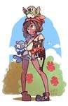  beanie black_hair carrying dark_skin female_protagonist_(pokemon_sm) fire litten nintendo pokemon pokemon_(game) pokemon_sm popplio rowlet short_shorts vinty 