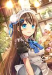  apron blue_bow blue_eyes blue_neckwear bow bowtie brown_dress brown_hair closed_mouth cross-laced_clothes cup cupcake dress dutch_angle food hair_bun highres holding holding_tray indoors kurata_rine lights long_hair looking_at_viewer macaron maid maid_headdress original plant potted_plant puffy_short_sleeves puffy_sleeves shelf short_sleeves sidelocks smile solo tareme teacup tiered_tray tray upper_body waffle white_apron 