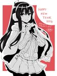  2016 black_eyes black_hair black_legwear cape chinese_zodiac commentary_request cowboy_shot doll earmuffs happy_new_year holding holding_doll kojima_saya long_sleeves looking_at_viewer monochrome new_year original pantyhose pleated_skirt pom_pom_(clothes) red_background ribbed_sweater sidelocks skirt smile solo sweater translation_request year_of_the_monkey 