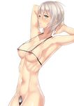  anastasia_(idolmaster) areola_slip areolae armpits arms_up blush breasts c-string closed_mouth collarbone covered_nipples cowboy_shot idolmaster idolmaster_cinderella_girls looking_at_viewer medium_breasts midriff navel nipples pubic_hair short_hair silver_hair simple_background smile solo standing stomach takeda_seiji tsurime white_background 