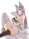  2016 animal_humanoid armwear asanagi blush breasts butt canine canine_humanoid clothed clothing elbow_gloves feathers female fur gloves granblue_fantasy grey_fur grey_hair hair hair_ornament humanoid korwa legwear long_hair looking_at_viewer mammal purple_eyes reclining simple_background smile solo thigh_highs white_background wolf_humanoid 