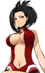  absurdres arms_at_sides bangs bare_arms bare_shoulders belt beltskirt black_hair blue_eyes blush boku_no_hero_academia breasts breasts_apart center_opening closed_mouth embarrassed enami_katsumi halterneck high_ponytail highres hips impossible_clothes impossible_leotard large_breasts leotard lips looking_away medium_hair navel ponytail red_leotard shiny shiny_skin short_hair simple_background solo standing turtleneck upper_body white_background wide_ponytail yaoyorozu_momo 