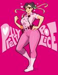  ;) alternate_color alternate_costume boots breasts brown_eyes brown_hair chun-li clenched_hand commentary curvy double_bun full_body hair_ribbon hand_on_hip heart kaigetsudo large_breasts one_eye_closed pants pink player_2 police police_uniform policewoman ribbon short_hair smile solo street_fighter street_fighter_v thick_thighs thighs uniform walkie-talkie 