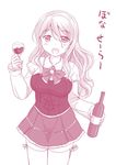  :d alcohol blush bottle breasts hair_between_eyes highres holding italian kantai_collection large_breasts long_hair long_sleeves miniskirt open_mouth pink pola_(kantai_collection) shimazaki_mujirushi simple_background skirt smile solo thighhighs translated white_background wine wine_bottle zettai_ryouiki 