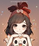  :3 beak beanie bird blush blush_stickers brown_eyes brown_hair close-up copyright_name eyelashes gen_7_pokemon hat horizontal_stripes kawacy looking_at_viewer mizuki_(pokemon) open_mouth owl poke_ball_print pokemon pokemon_(creature) pokemon_(game) pokemon_sm red_hat rowlet short_hair smile sparkle striped striped_sleeves 