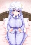  alternate_costume bad_id bad_pixiv_id bed blue_eyes blush breasts hat highres huge_breasts lavender_hair letty_whiterock looking_at_viewer nightcap pajamas pillow polearm shiro_oolong-cha short_hair sitting smile snowflakes solo touhou trident wariza weapon white_legwear 