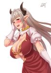  alicia_(granblue_fantasy) blush breasts center_opening chin_rest cleavage dated draph dress earrings gloves granblue_fantasy horns huge_breasts jewelry large_breasts long_hair looking_at_viewer open_mouth pointy_ears red_eyes silver_hair smile solo white_gloves zheng 