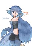  :d blue_eyes blue_hair choker english eyebrows_visible_through_hair feathers female hair_between_eyes harpy midriff monster_girl navel one_eye_closed open_mouth original rnd.jpg simple_background skirt smile solo thumbs_up twitter_username white_background wings wink 