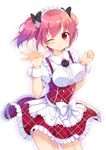  ;3 apron bow breasts buttons dress eyebrows eyebrows_visible_through_hair frilled_dress frills hair_bow hasegawa_urumi highres kaitori_oukoku looking_at_viewer maid maid_headdress mascot md5_mismatch medium_breasts one_eye_closed pink_hair red_eyes resized short_hair short_sleeves smile solo tougetsu_hajime two_side_up underbust upscaled waving wind wrist_cuffs 