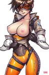  artist_name bodysuit breasts breasts_outside brown_hair cameltoe dark_arts_kai gloves goggles large_breasts looking_at_viewer nipples orange_bodysuit overwatch parted_lips shiny shiny_skin short_hair simple_background skindentation smile solo thighs tracer_(overwatch) unzipped white_background 