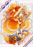  blue_eyes boots bow brown_bow brown_hair curly_hair dress food food_themed_clothes frills full_body gloves hat hat_bow highres honey honey_dipper knee_boots looking_at_viewer morinaga_(brand) multicolored_bow orange_bow orange_dress orange_footwear orange_gloves orange_hat original pancake personification short_hair smile solo striped striped_bow totsuki_ryuna twintails witch_hat 
