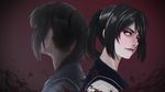  absurdres ayano_aishi back-to-back black_hair blood chromatic_aberration commentary dark dark_persona gradient gradient_background highres josh_(shyua) lips looking_to_the_side ponytail portrait red_eyes school_uniform serafuku simple_background solo yandere yandere_simulator 