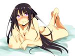  ao_no_kanata_no_four_rhythm areolae ass barefoot black_hair blush breasts collarbone covering_nipples fukuyama_naoto hair_between_eyes hair_ribbon hand_on_breast highres large_breasts long_hair looking_at_viewer lying nipples nude on_stomach purple_eyes ribbon solo tobisawa_misaki wavy_mouth 