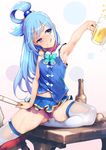  :q alcohol aqua_(konosuba) arm_up armpits ataruman bare_shoulders beer blue_eyes blue_hair blush bottle chair closed_fan cup drunk fan folding_fan hair_ornament hair_rings head_tilt highres holding kono_subarashii_sekai_ni_shukufuku_wo! long_hair md5_mismatch midriff miniskirt mug paper_fan saliva sitting sitting_on_table skirt sleeveless solo sweat thighhighs tongue tongue_out white_legwear 