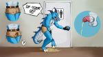  ! 2018 anthro balls bathroom blue_body boshideaway clothed clothing dialogue digital_media_(artwork) english_text eyes_closed hand_on_crotch inside male omorashi peeing penis potty_dance reptile scalie shaking shorts solo speech_bubble standing teeth text tongue urine urine_pool wetting 