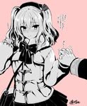  2016 alternate_costume bag beret blush bow bowtie breasts commentary_request cowboy_shot fur_collar gloves handbag hat holding_hands interlocked_fingers jacket kantai_collection kashima_(kantai_collection) kojima_saya large_breasts long_sleeves looking_at_viewer monochrome nose_blush out_of_frame pink_background pleated_skirt pov pov_hands signature skirt smile solo_focus tareme translated twintails two_side_up wavy_hair 