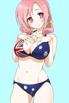  amatsuka_megumi_(gj-bu) australian_flag australian_flag_bikini bikini blue_background breasts cleavage commentary_request flag_print gj-bu hatakenaka_(kamagabuchi) head_tilt large_breasts looking_at_viewer low_twintails navel pink_eyes pink_hair print_bikini smile solo swimsuit twintails 