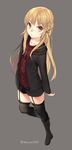  absurdres akayan blonde_hair boots braid collarbone full_body garter_straps grey_eyes highres hood hooded_jacket jacket long_hair long_sleeves open_clothes open_jacket original shirt shorts solo thighhighs 