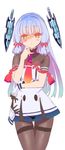  26_(sister_freedom) :c arm_across_waist bangs blue_hair blunt_bangs blush bow commentary_request dress eyebrows eyebrows_visible_through_hair gloves gloves_removed gradient_hair hair_bow hair_ribbon hand_on_own_face headgear highres kantai_collection long_hair multicolored_hair murakumo_(kantai_collection) necktie pantyhose red_eyes red_neckwear remodel_(kantai_collection) ribbon sailor_dress short_sleeves sidelocks simple_background single_glove solo thighband_pantyhose tress_ribbon white_background 