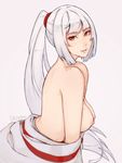  artist_name bangs bare_shoulders breasts japanese_clothes large_breasts long_hair looking_at_viewer miko nipples no_bra original ponytail red_eyes sidelocks silver_hair simple_background smile solo unsomnus upper_body white_background 