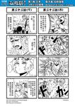 1boy 2girls 4koma anger_vein chinese circlet comic explosion genderswap highres horns journey_to_the_west low_ponytail monochrome multiple_4koma multiple_girls muscle open_clothes otosama punching simple_background spoken_ellipsis staff sun_wukong tang_sanzang tearing_up translated yulong_(journey_to_the_west) 