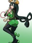  :&gt; akanbe ass asui_tsuyu black_eyes black_hair bodysuit boku_no_hero_academia boots breasts eyelashes frog_girl from_behind full_body gloves goggles goggles_on_head gradient gradient_background green_background green_bodysuit hair_rings highres large_breasts long_hair long_tongue looking_back low-tied_long_hair monster_girl shiny shiny_clothes shiva_(johan-s) skin_tight solo standing standing_on_one_leg thigh_boots thighhighs tongue tongue_out white_background 