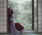  architecture barefoot black_hair bow detached_sleeves east_asian_architecture from_behind hair_bow hair_ribbon hair_tubes hakurei_reimu kibisake looking_outside porch rain ribbon sidelocks sitting sliding_doors solo touhou wide_sleeves wooden_floor 