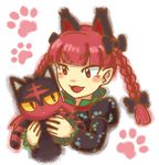  animal_ears bow braid cat_ears dress extra_ears gen_7_pokemon green_dress hair_bow holding kaenbyou_rin litten lowres paw_print pokemon pokemon_(creature) pokemon_(game) pokemon_sm red_eyes red_hair shiogi touhou trait_connection twin_braids white_background yellow_sclera 