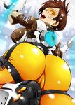  absurdres ass bodysuit breasts brown_hair cameltoe dual_wielding ear_piercing from_behind gloves goggles gun handgun henriiku_(ahemaru) highres holding jacket jewelry large_breasts looking_at_viewer looking_back open_mouth orange_bodysuit overwatch piercing short_hair skin_tight smile solo spiked_hair tracer_(overwatch) weapon yellow_eyes 