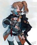  armor artist_name belt braid breasts brown_hair capelet choker cleavage cowboy_shot dated earrings fingerless_gloves front-tie_top gauntlets gloves green_eyes grey_background hand_on_hilt high_collar highres jewelry long_hair medium_breasts open_clothes original pauldrons ponytail racoona sheath sheathed short_shorts shorts simple_background solo sword tassel thighhighs weapon 