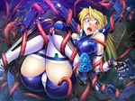  aisha_clarisse aquamarine_eyes blonde_hair blue_eyes bodysuit breasts large_breasts long_hair open_mouth ponytail restrained scared taimanin_asagi_battle_arena tentacle zol 