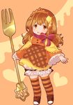  bloomers bow brown_eyes brown_hair butter food food_themed_hair_ornament fork frills full_body hair_ornament highres long_hair looking_at_viewer morinaga_(brand) multicolored multicolored_bow multicolored_clothes multicolored_legwear multicolored_skirt orange_(color) orange_background orange_skirt original oversized_object pancake personification shoes skirt smile solo standing striped striped_bow striped_legwear thighhighs tiara toyosu_toyosu twintails underwear white_bloomers 