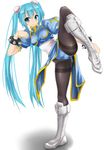  aqua_eyes aqua_hair black_legwear blue_dress boots bracelet brown_legwear bun_cover cameltoe china_dress chinese_clothes chun-li chun-li_(cosplay) cosplay cross-laced_footwear double_bun dress fighting_stance hatsune_miku jewelry knee_boots lace-up_boots leg_lift leg_up long_hair pantyhose pelvic_curtain puffy_short_sleeves puffy_sleeves sash short_sleeves side_slit simple_background solo spiked_bracelet spikes standing standing_on_one_leg street_fighter thighband_pantyhose twintails very_long_hair vocaloid white_background white_footwear zakuta 