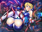  aisha_clarisse aquamarine_eyes blonde_hair blue_eyes bodysuit breasts clenched_teeth cyborg large_breasts long_hair ponytail restrained taimanin_asagi_battle_arena tentacle weapon zol 