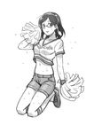  cheerleader clothes_writing copyright_name crop_top glasses greyscale hairband kantai_collection kirishima_(kantai_collection) kirusu kneehighs kneeling midriff monochrome navel pom_poms shoes short_hair shorts sketch smile sneakers solo sweat wristband 