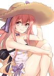  arm_up atelier_(series) atelier_ayesha bare_arms bare_legs bare_shoulders bow breasts brown_hat choker cleavage closed_mouth collarbone dress eyebrows eyebrows_visible_through_hair fuya_(tempupupu) hand_on_headwear hand_up hat long_hair looking_at_viewer medium_breasts pink_hair purple_bow purple_dress red_eyes ribbon_choker sidelocks simple_background sitting smile solo strapless strapless_dress straw_hat tareme very_long_hair white_background wilbell_voll=erslied 