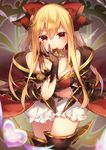  armor bangs black_footwear black_gloves blonde_hair bloomers boots bow chocolate chocolate_heart cowboy_shot eyebrows eyebrows_visible_through_hair food_in_mouth frills gloves granblue_fantasy hair_between_eyes hair_bow hair_ornament heart long_hair looking_at_viewer red_bow red_eyes shiyun smile solo underwear vira_lilie 