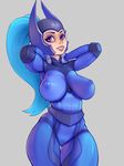  arms_up ass_visible_through_thighs blue_hair bodysuit breasts cameltoe chelodoy defense_of_the_ancients dota_2 freckles gloves gluteal_fold grey_background helmet highres large_breasts lips long_hair looking_at_viewer luna_(dota) ponytail purple_eyes simple_background smile solo thick_thighs thigh_gap thighs wide_hips 