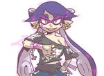  aori_(splatoon) cross cross_necklace domino_mask earrings fangs jewelry long_hair mask mole mole_under_eye necklace off_shoulder open_mouth pointy_ears punk purple_eyes purple_hair seki_(red_shine) simple_background smile solo splatoon_(series) splatoon_1 tentacle_hair torn_clothes white_background 