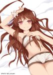  ahoge armpits bra brown_eyes brown_hair highres kantai_collection kuma_(kantai_collection) long_hair mitsuru_(habihapi) scrunchie smile solo underwear wrist_scrunchie 