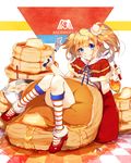  blonde_hair blue_eyes bottle bowl butter food food_themed_clothes food_themed_hair_ornament full_body hair_ornament highres honey kneehighs ladle looking_at_viewer morinaga_(brand) original pancake personification product_placement red_footwear shawl shoes short_hair sitting skirt smile solo spatula striped striped_legwear suteki_shuushuuiin_chou twintails whisk 