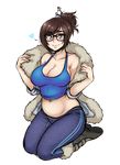  beads breasts brown_hair cleavage coat glasses hair_bun hair_ornament hair_stick heart large_breasts mei_(overwatch) navel open_clothes open_coat overwatch seiza short_hair sitting solo spewing_mews spoken_heart tank_top 