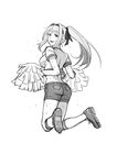  :d cheerleader crop_top from_behind greyscale hair_ribbon hair_up hairband kantai_collection kirusu kneehighs long_hair looking_back monochrome open_mouth pom_poms ponytail ribbon shoes shorts shoukaku_(kantai_collection) sketch smile sneakers solo sweat 