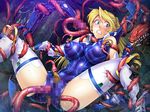  aisha_clarisse aquamarine_eyes blonde_hair blue_eyes bodysuit breast_grab breasts clenched_teeth cyborg erect_nipples large_breasts long_hair monster open_mouth ponytail restrained scared taimanin_asagi_battle_arena tears tentacle zol 