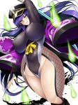  arm_up bodysuit breasts covered_nipples curvy fishnets green_eyes hat huge_breasts inma_kourin_devil_carnival japanese_clothes katana leotard long_hair looking_at_viewer mikan_(5555) purple_hair smile solo sword thick_thighs thighs weapon wide_hips 