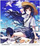 :o animal arm_up bad_id bad_pixiv_id bare_legs bird black_hair blue_bow blue_hallelujah blue_sky bow brown_hair brown_hat cloud collarbone day expressionless flip-flops floating_hair hand_on_headwear hat hat_bow highres jewelry key looking_at_viewer necklace no_legwear original outdoors parted_lips pendant purple_skirt sandals seagull seashell shell shirt shoes_removed short_sleeves sitting skirt sky solo starfish straw_hat suspenders white_shirt wind windmill 