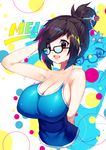  :d beads black-framed_eyewear blush breasts brown_hair cleavage glasses hair_bun hair_ornament hair_stick highres large_breasts looking_at_viewer mamuru mei_(overwatch) open_mouth overwatch short_hair smile solo tank_top 