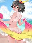  amano_onsa ass bad_id bad_pixiv_id bakuon!! beach bikini_tan black_hair blush breasts cloud curly_hair day green_eyes hairband highres jill_(acca) looking_at_viewer medium_breasts multicolored_towel nipples nude ocean outdoors sarong short_hair sky smile solo tan tanline water 